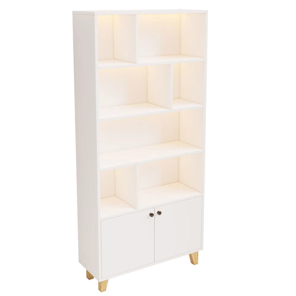 Libreria a 80x30x173cm - Xylo - Bianco, LED RGB, ante doppie, piedi in legno massello
