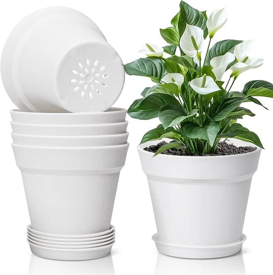 Set di vasi in plastica per fiori - Con sottopanno - 6 pezzi - Bianco - 19 cm