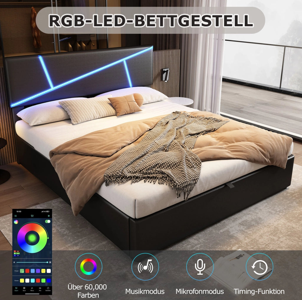 Letto imbottito con LED; contenitore idraulico; PU nero