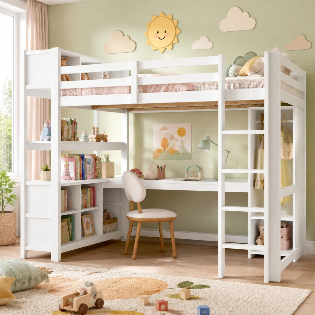 Letto a soppalco 140x200 cm con scrivania, scaffali e armadio, senza materasso, bianco