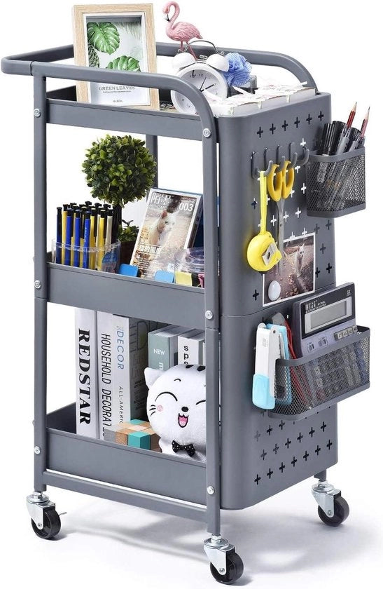 Trolley 3 livelli per cucina - carrello multifunzionale composto da un carrello con piattaforma per cosmetici e ganci - ruote di parcheggio