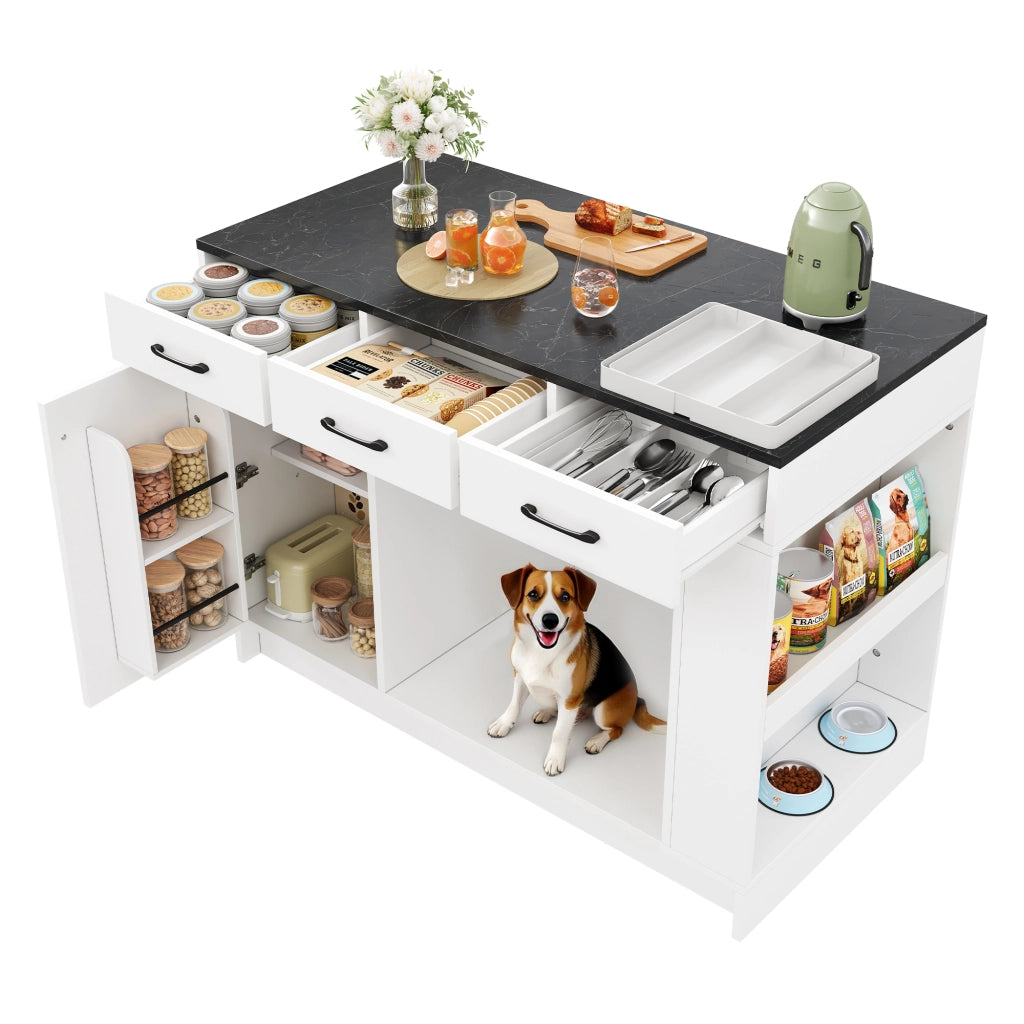 Isola da cucina con 3 cassetti, porta spezie, ripiano regolabile e area per animali domestici, 120 x 60 x 90 cm, bianco