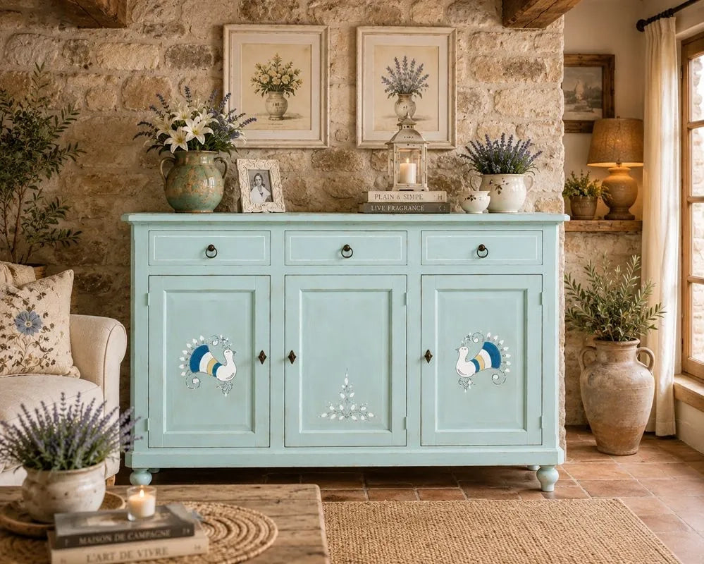 Credenza shabby verde vintage 3 porte 3 cassetti in legno 150x43x98 - Mobili 2G