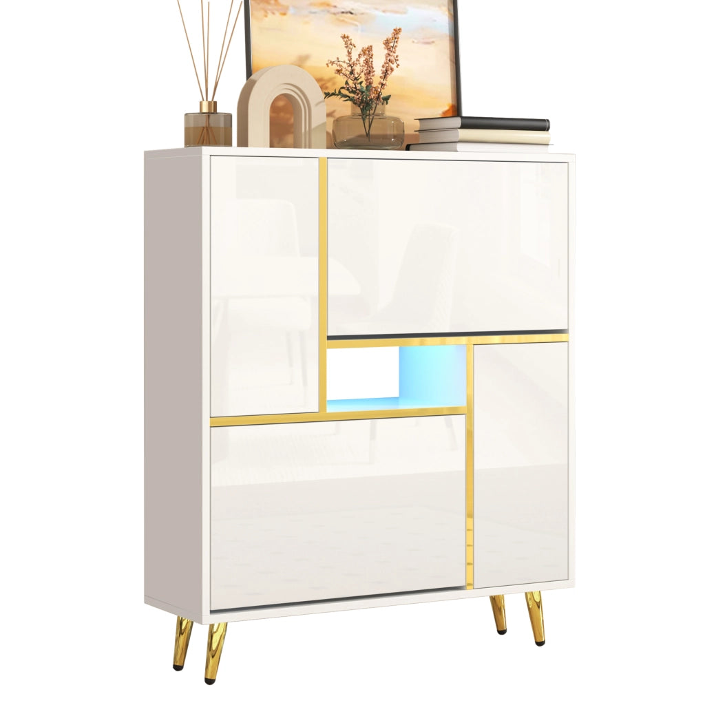 Scarpiera moderna, bianca con frontale lucido e illuminazione a LED a 16 colori (80 x 25 x 96 cm)
