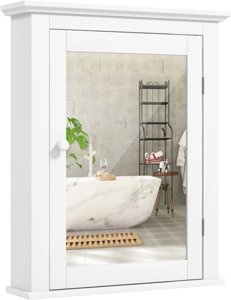 Armadietto Armadio a Specchio da Bagno, Arredo Specchio a Parete Mobiletto da Muro in Legno, Ripiani Regolabili, 56x14x69 cm (Bianco)