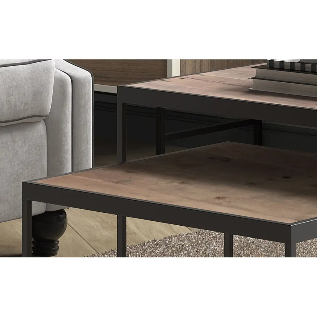 Set di 2 tavolini nidificati RUBIK – Legno massiccio di Mangolia e metallo nero – Stile contemporaneo
