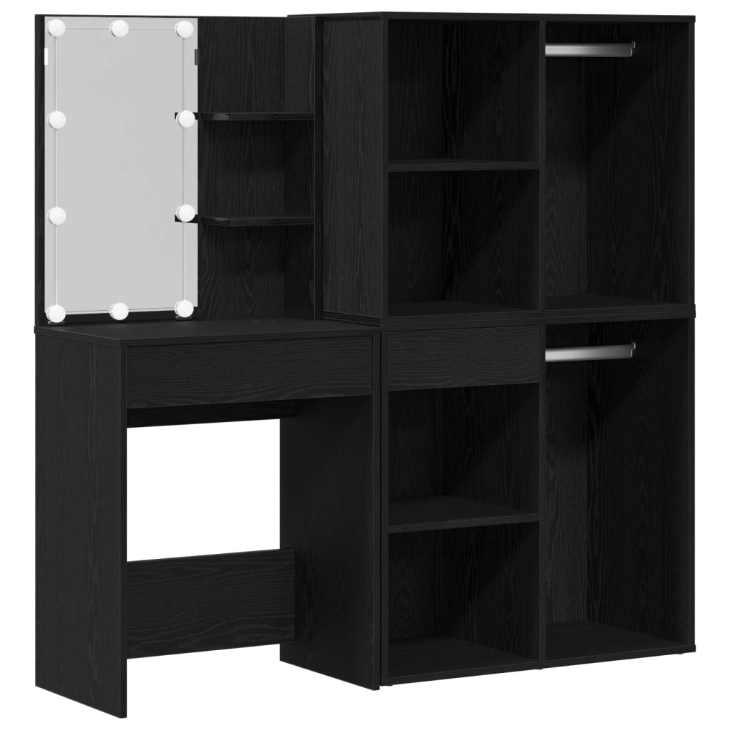 Tavolo da trucco LED con 2 armadietti in rovere nero in legno ingegnerizzato