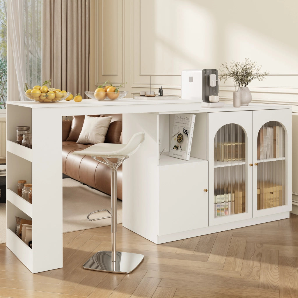 Mobile Bar Girevole con Anta in Vetro; Ripiani Aperti e Vano Contenitore Chiuso per Cucina e Sala da Pranzo; Bianco