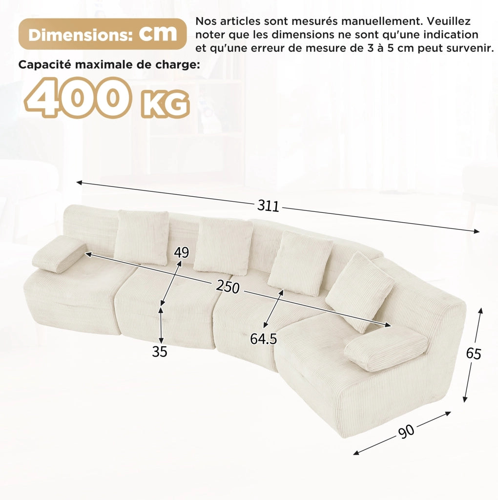 Divano modulare 4 posti in velluto a coste; 4 moduli; 311 x 90 x 65 cm; beige chiaro