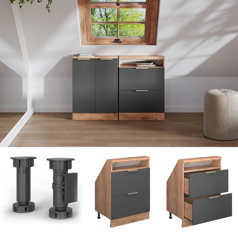 Mobile sottotetto Rion Antracite-oro/Rovere dorato 60 x 83.8 cm con 2 cassetti Vicco