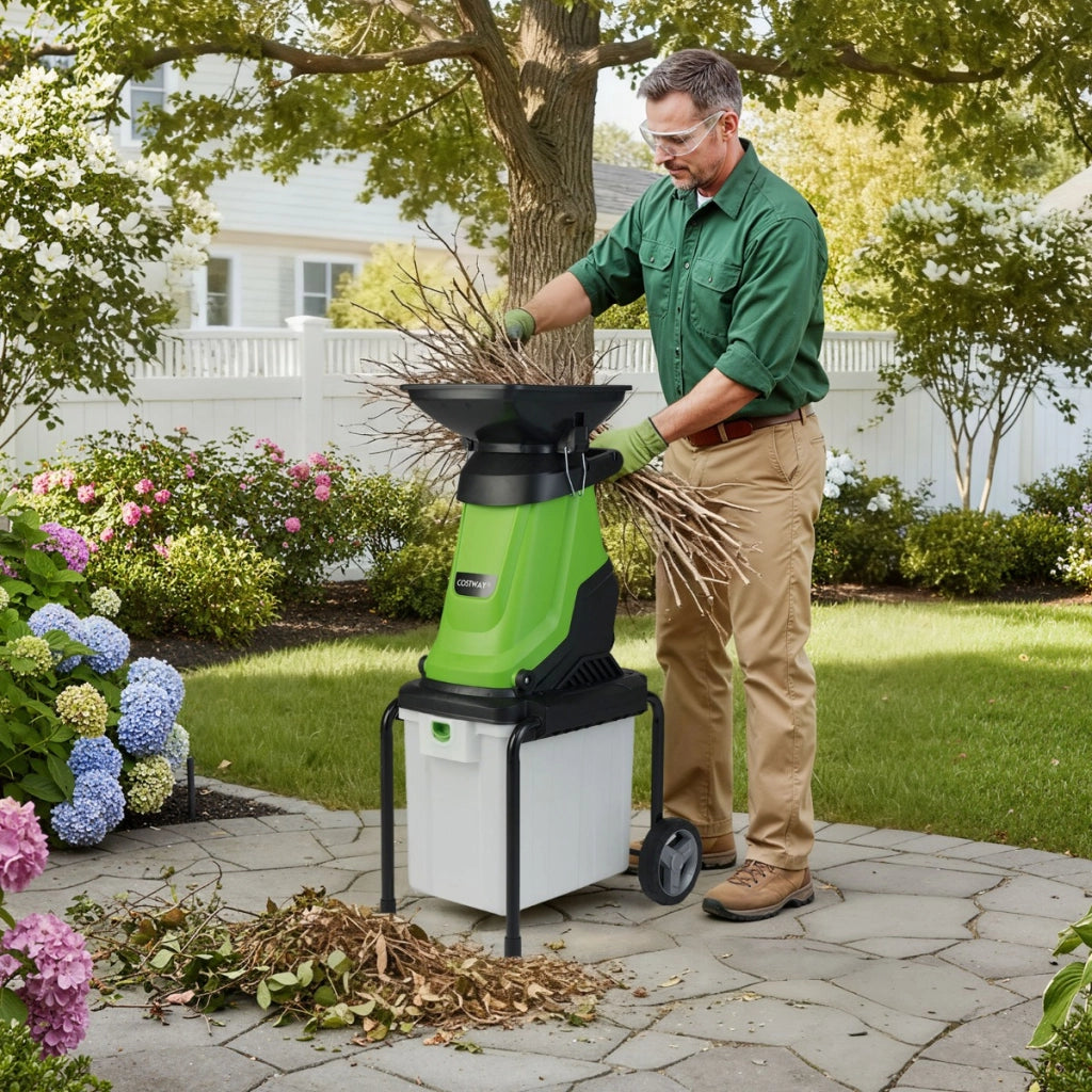 Trituratore elettrico per legno tritatutto da giardino da 3000 w con cestino da 50 l, Trituratore mulching elettrico a fili Verde