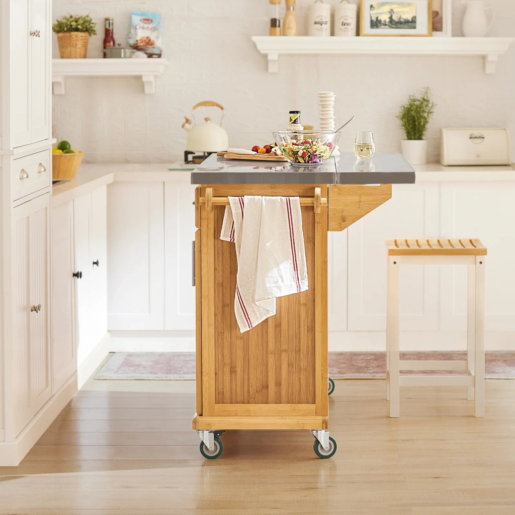 Carrello Cucina Credenza Legno Piano Lavoro Cucina Piano in Acciaio è allungabile FKW69-N