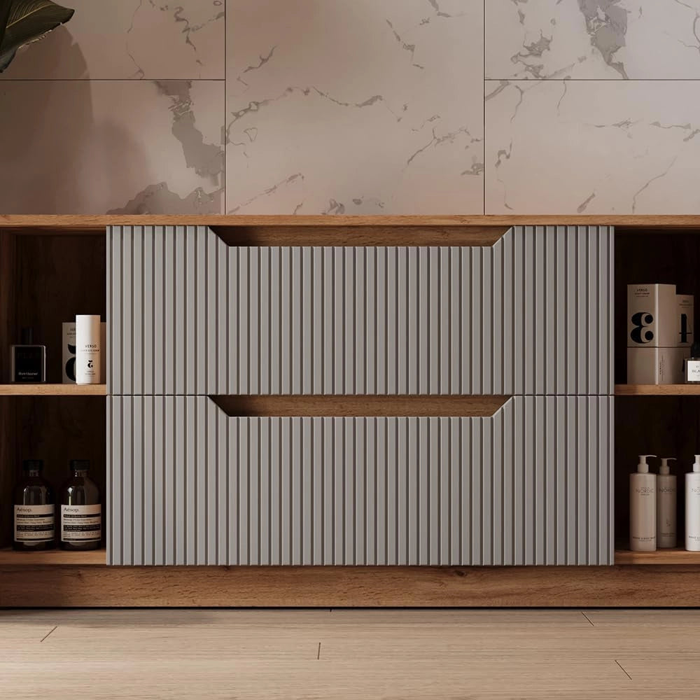 Mobile sottolavabo per bagno Lotta, Rovere/grigio a righe, 119.2 x 62.5 cm con 2 cassetti