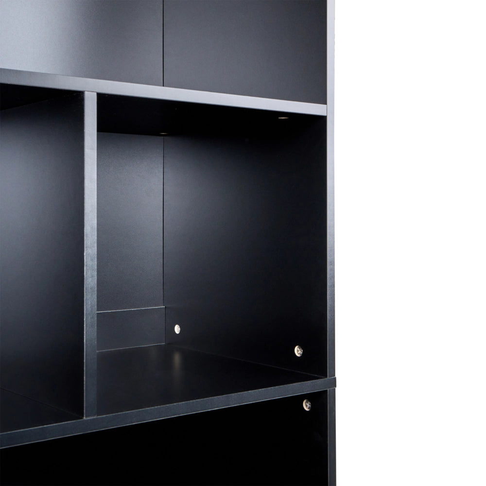 Libreria a 2 ante Marrone e nero Pannelli di particelle di legno Mobili da ufficio minimalisti Ripiani aperti e chiusi