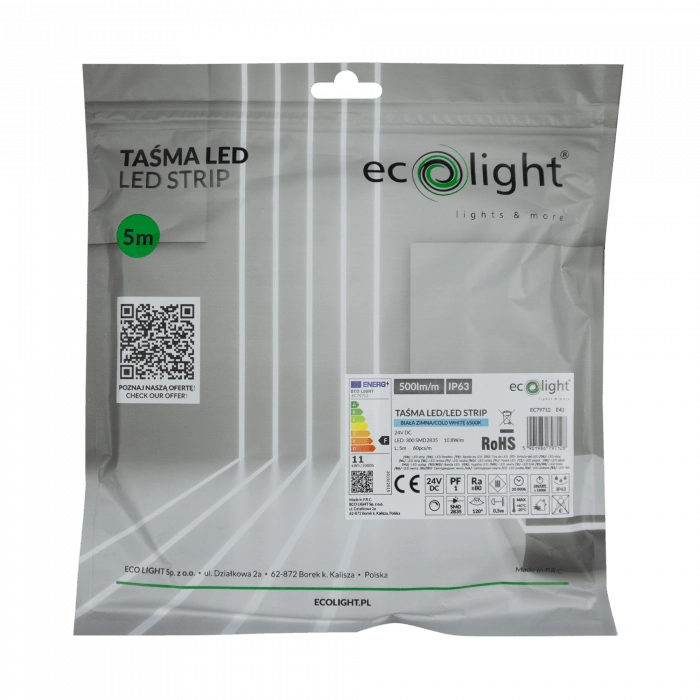 Striscia LED 5m 24V 10,8W/m 6500K 500lm/m IP63 Ecolight