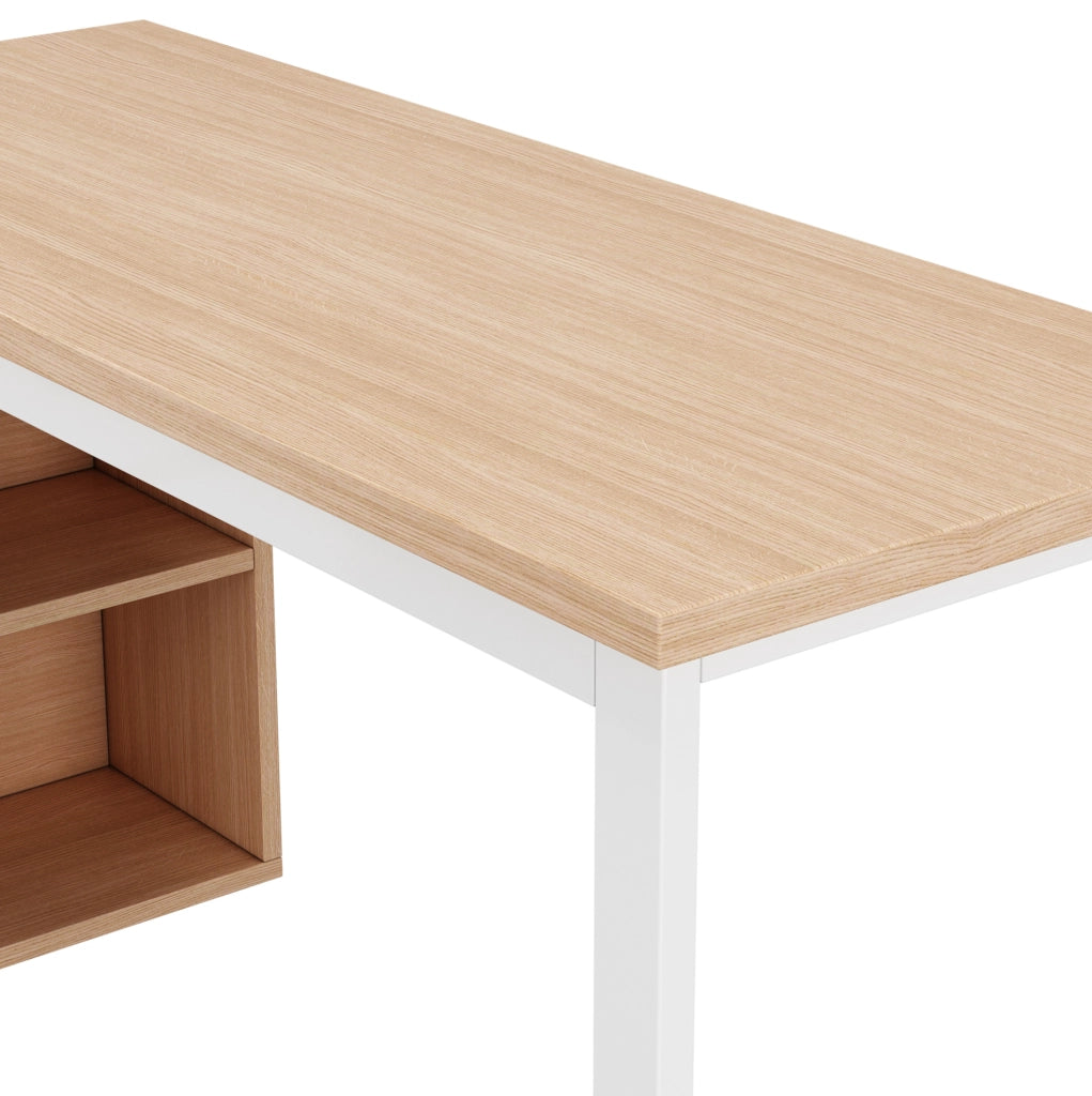 Scrivania 147x100x75.3 cm con tre cassetti e due vani a giorno in MDF e metallo naturale