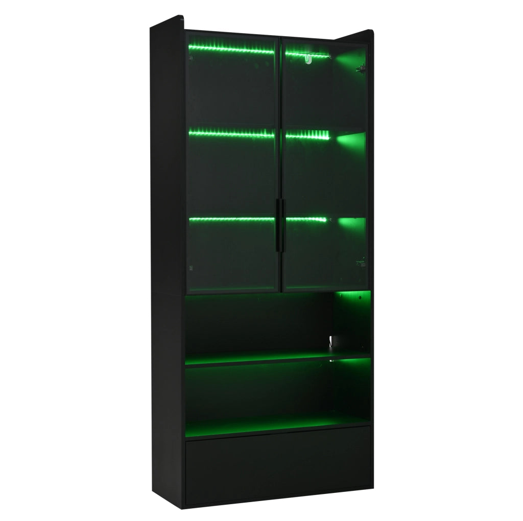 Vetrina alta con LED e 1 cassetto 80 x 34 x 180 cm; nero in MDF e vetro