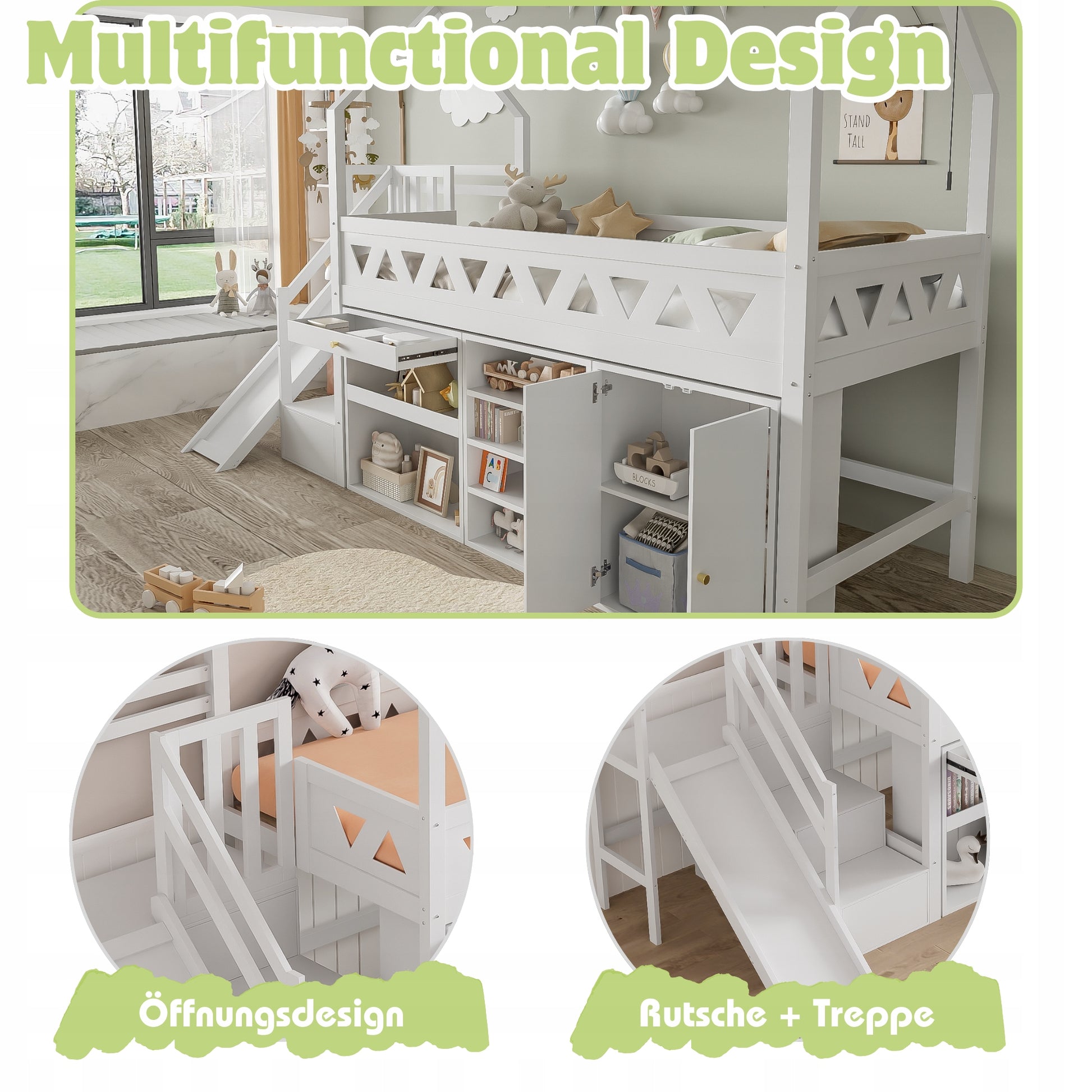 Letto a castello per bambini con scivolo e cassetti - Xylo - 90x200