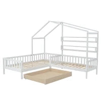 Letto per bambini con cassetti e scaffali, struttura a L, senza materasso, 90x200 cm+140x70 cm, Bianco