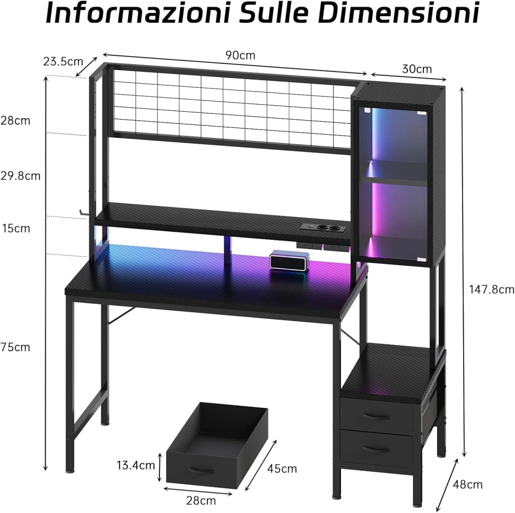 Scrivania Da Gaming Angolare Con LED E Prese, 120 cm, Arredamento Per Ufficio, Con Ganci E 2 Cassetti In Tessuto, Ideale Per il Telelavoro E I Videogiochi, Nera