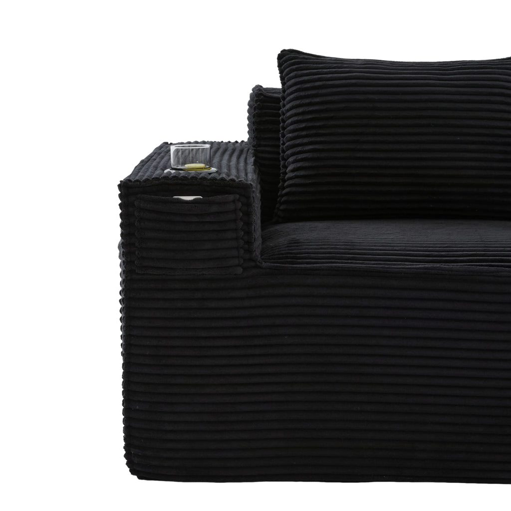 Divano modulare 2 posti 188x90x75 cm nero con portabicchieri, velluto a coste,