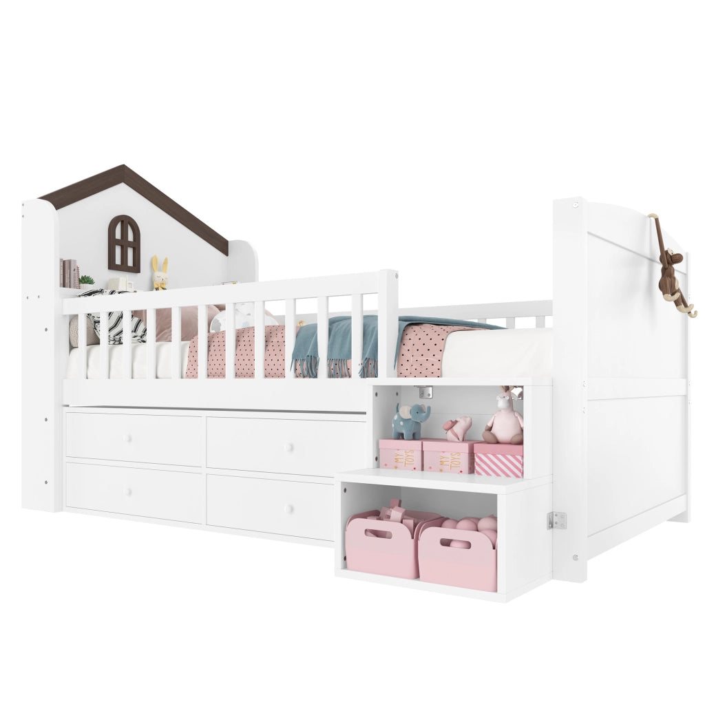Letto semi-alto per bambini 90x200 cm a casetta con LED e 4 cassetti