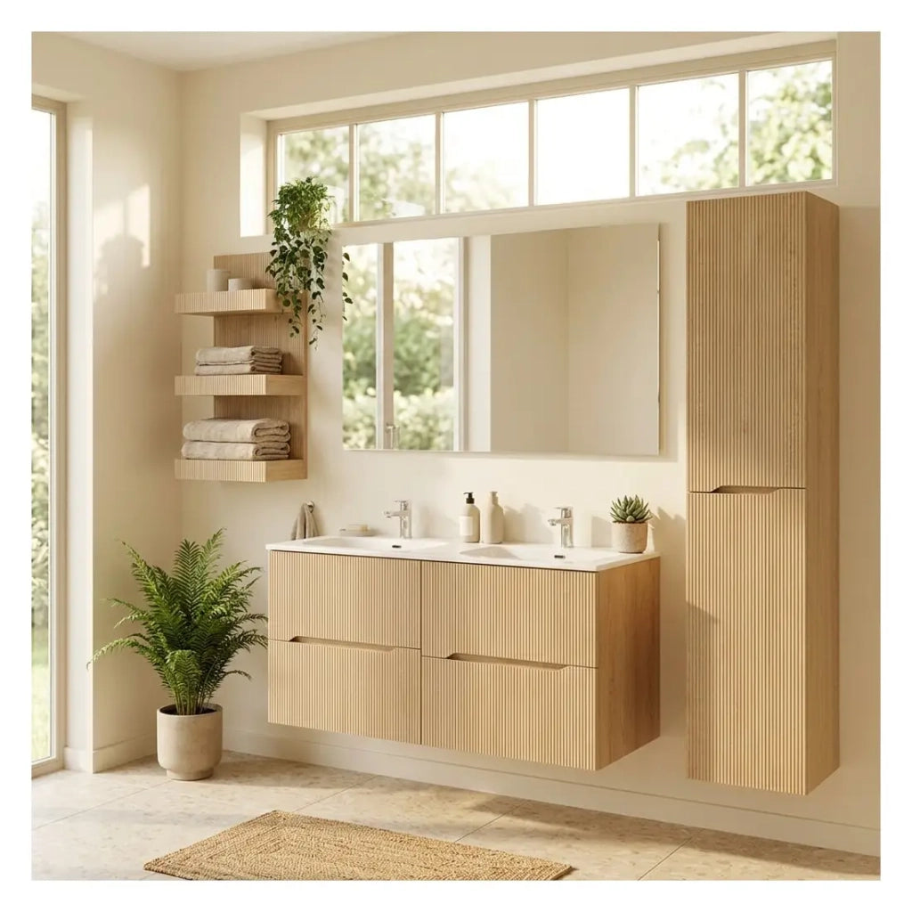 Set da bagno sospeso NATURA 155cm: mobile sotto lavabo 60cm + doppio lavabo incassato + colonna