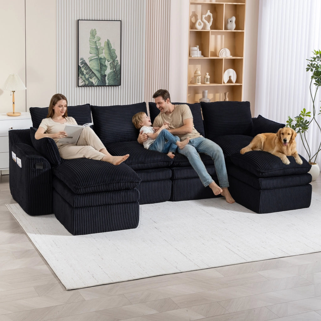 Divano Modulare 4 Posti con 2 Poggiapiedi ¨C MINIMAL ¨C Nero, Tessuto a Coste, Cuscini