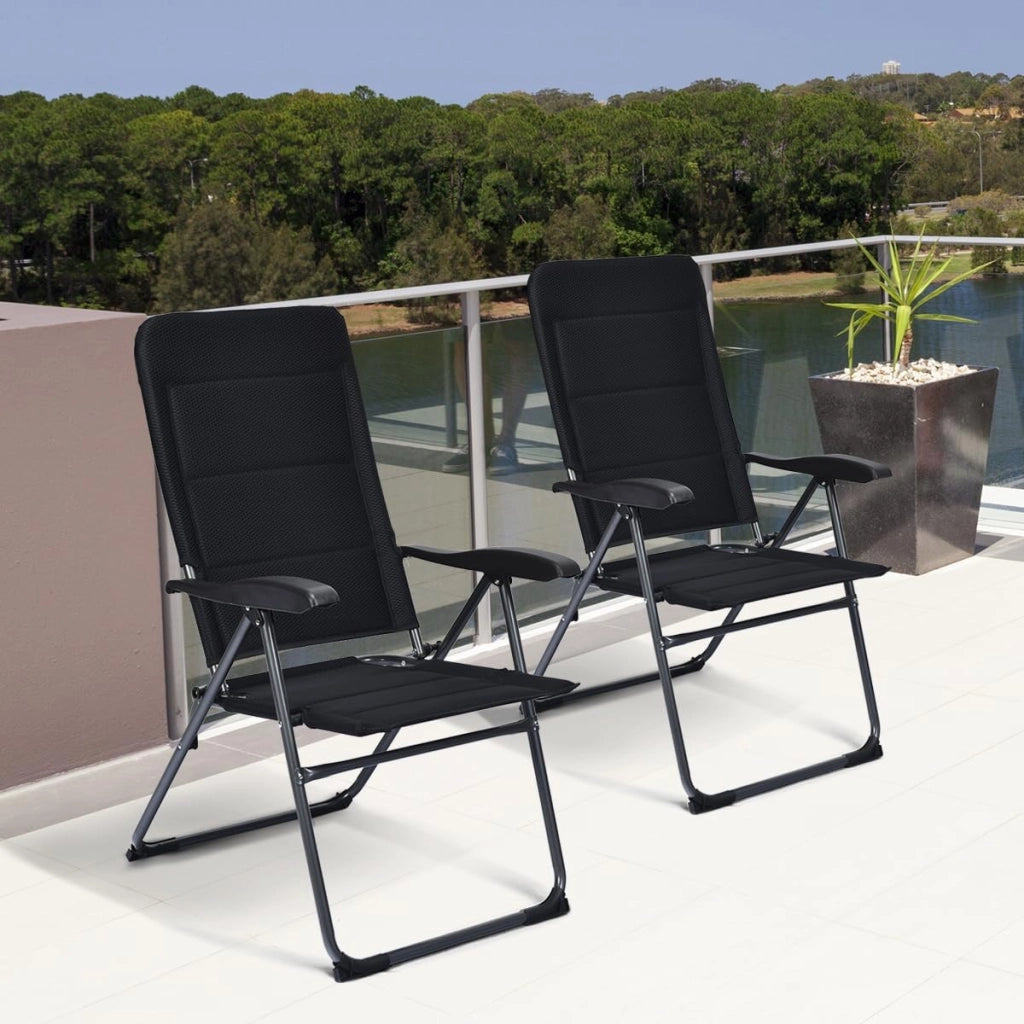 Set di 2 sedie pieghevoli per giardino, sedie con schienale regolabile, supporto ergonomico e cuscino per seduta in spugna, sedie da pranzo per patio, giardino, nero (Nero)