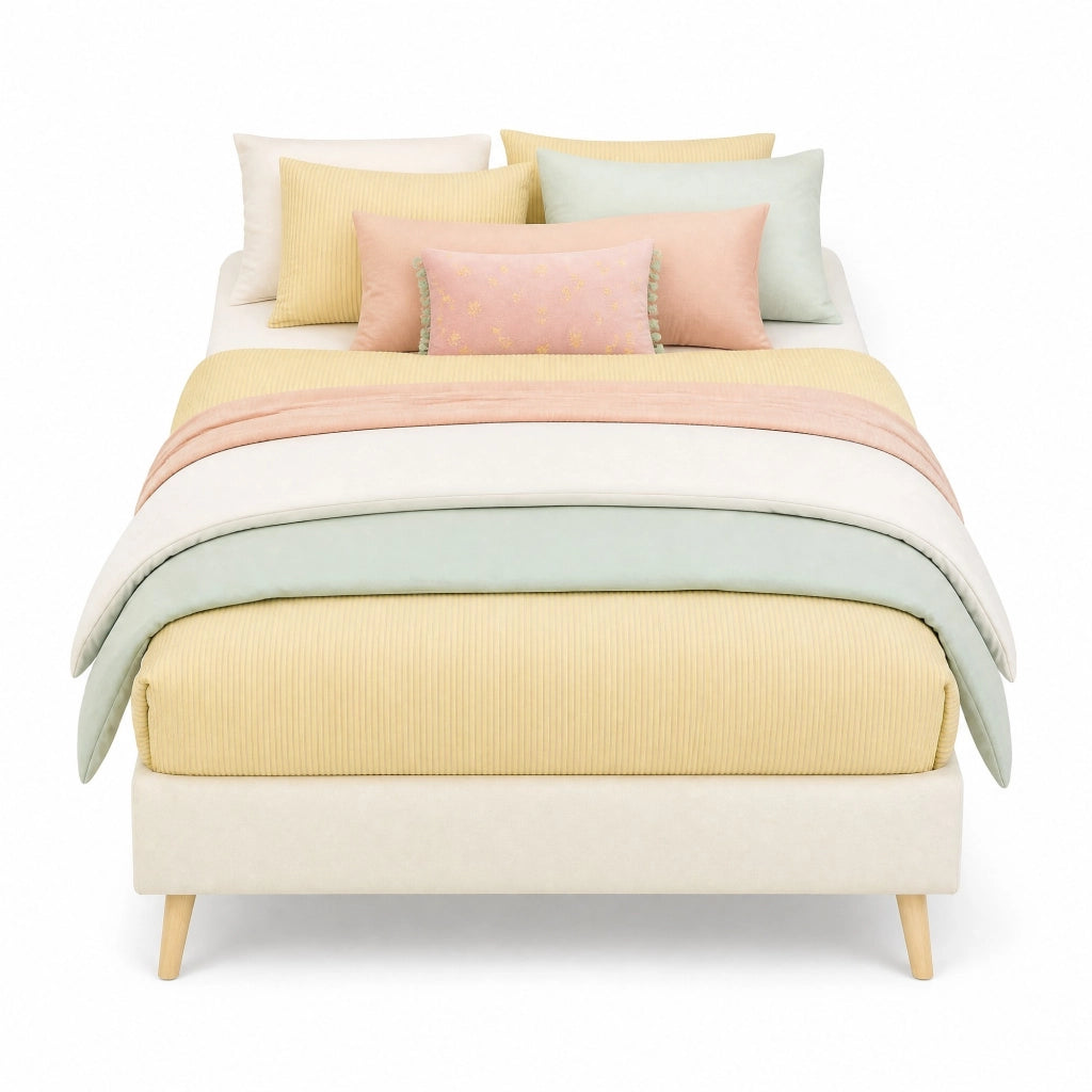 Letto imbottito per bambini 90x200 cm beige con testiera a forma cartoon, struttura robusta e montaggio semplice