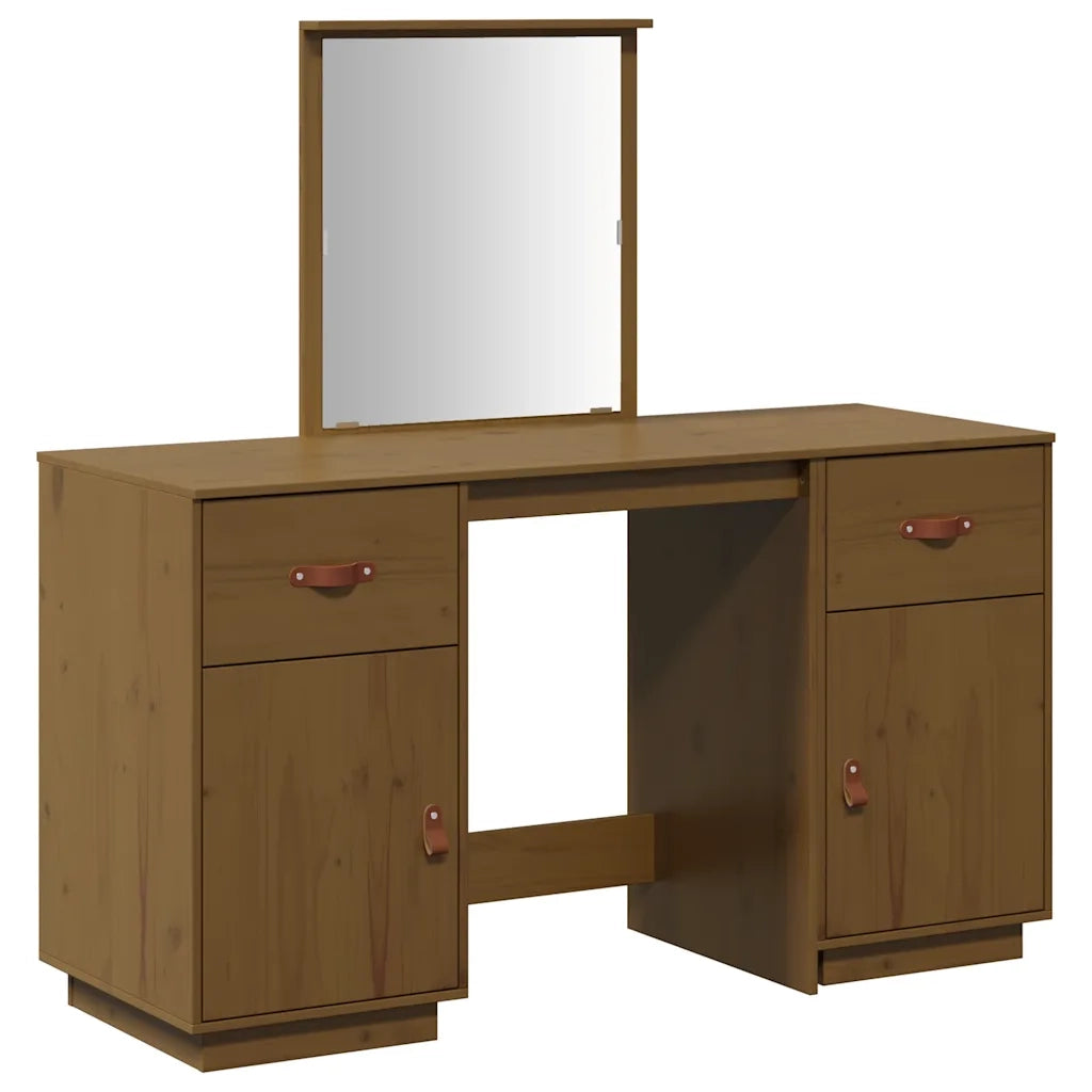 Set Toeletta con Specchio Marrone ambra Legno Massello di Pino 3107837