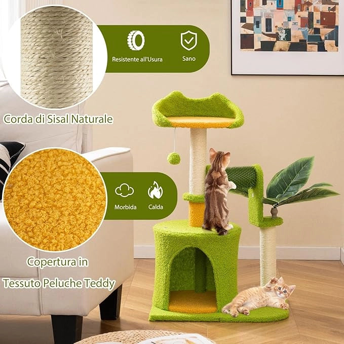 Albero per Gatti da Interno, Albero Tiragraffi con Foglie Artificiali, Condominio, Trespolo, Tiragraffi in Sisal, Autopulente e Pompon in Peluche, Tiragraffi per Gatti a Tema di Foresta