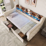 Letto imbottito beige 90x190 cm con LED, ricarica e cassetti