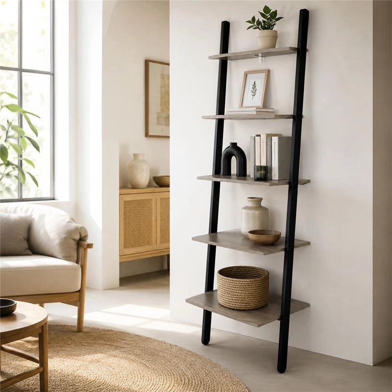 SCAFFALE DA PARETE INCLINATO CON 5 RIPIANI 64X48.5XH180 CM IN COLORE NERO