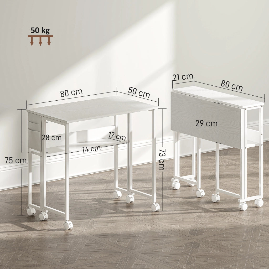 Scrivania Pieghevole Salvaspazio a Ribalta 80x50-21x75 cm con Scaffale e Ruote in MDF Bianco