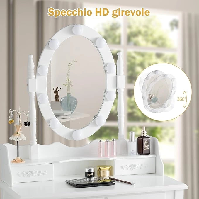 Set Toeletta da Trucco, Illuminata a 10 Lampadine LED, 4 Cassetti per Cosmetici, Specchio Regolabile e Staccabile, Sgabello Imbottito, Moderno ed Elegante, 75x40x145 cm, Bianco