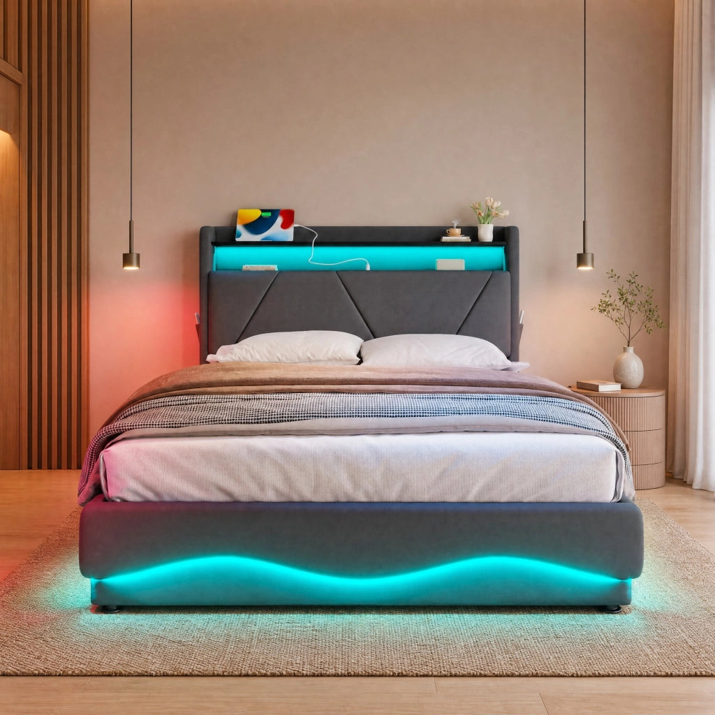 Letto imbottito 140x200 cm in velluto grigio con LED; contenitore e porte USB