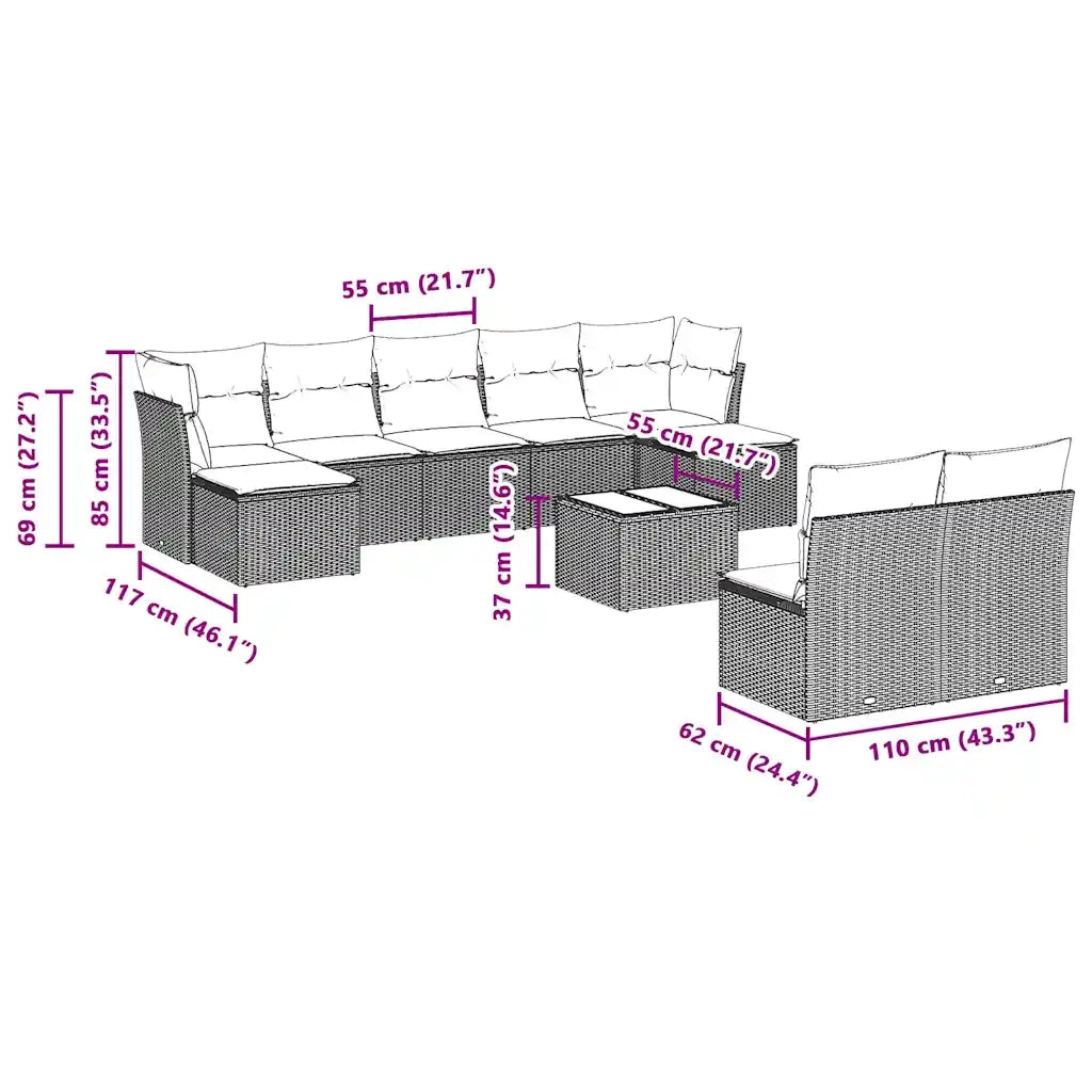 Set Divano Giardino 10 pz con Cuscini Grigio Chiaro Polyrattan