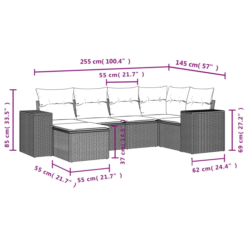 Set Divano da Giardino 6 pz con Cuscini Nero in Polyrattan 3255192
