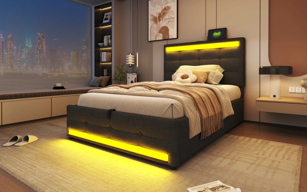 Letto singolo imbottito 90x200 cm con LED RGB, prese USB e contenitore, grigio lino