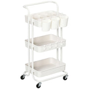 Carrello Cucina Multiuso a 3 Livelli con Cestini e Ganci Rimovibili, Ripiano con 12 Divisori, Bianco