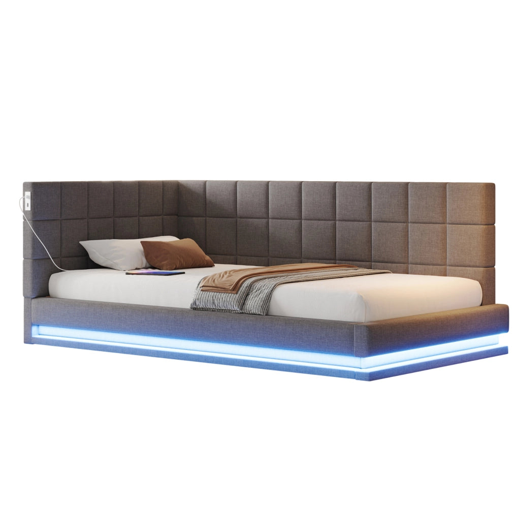 Divano letto imbottito 90x200 cm grigio con LED, USB e rete a doghe
