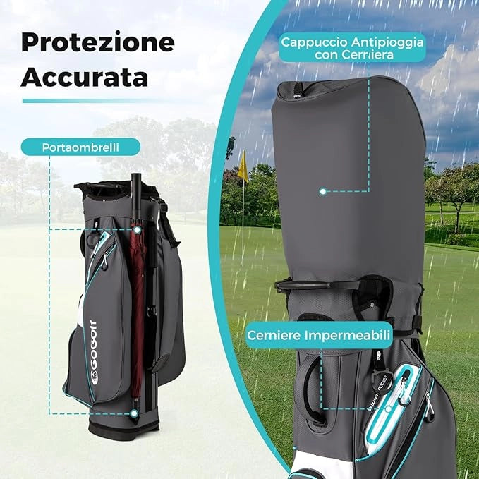 Borsa da Golf per Carrello con 14 Scomparti, Organizzatore Portatile per Mazze da Golf con Tasca Frigo, Tracolla Regolabile, Cappuccio Antipioggia e Porta Ombrello per Uomo e Donna