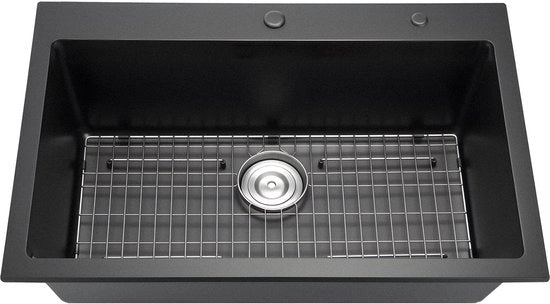 84 cm stazione da cucina in granito, vasca da miele in vetro per montaggio sopra, vasca da miele in vetro unica con accessori, ideale per camper, cucine da preparazione e bar (nero)