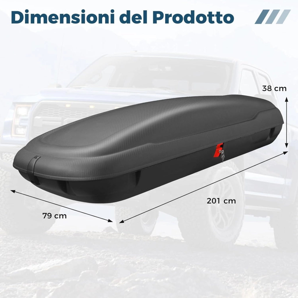 Box da Tetto per Auto XL, Baule Tetto Universale Rigido Impermeabile Super Resistente in Fibra Carbonio e Metallo, Portapacchi per Auto con Chiavi, Capacità 75 kg (201 x 79 x 38 cm)