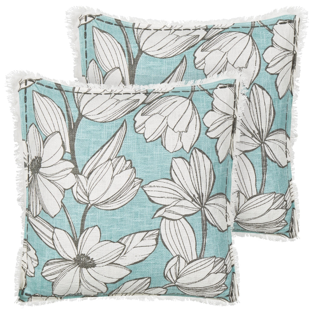 Set di 2 cuscini in cotone bianco e blu con motivo floreale e frange 45 x 45 cm con imbottitura stile boho