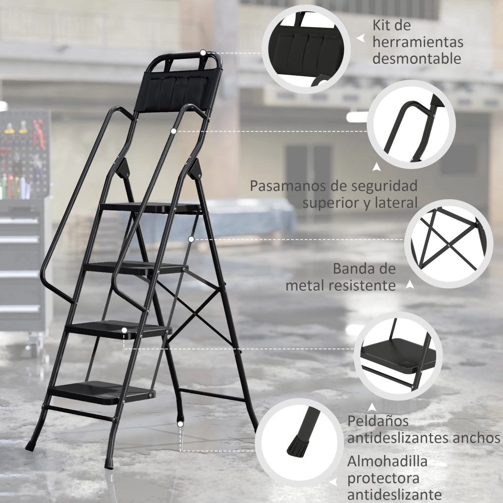 Scala Pieghevole 4 Gradini Antiscivolo ¨C Xylo ¨C Con Borsa Portautensili Nero