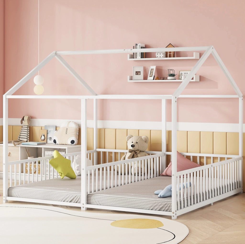Letto per bambini in metallo 90x200 cm con sponda, forma a casetta, bianco
