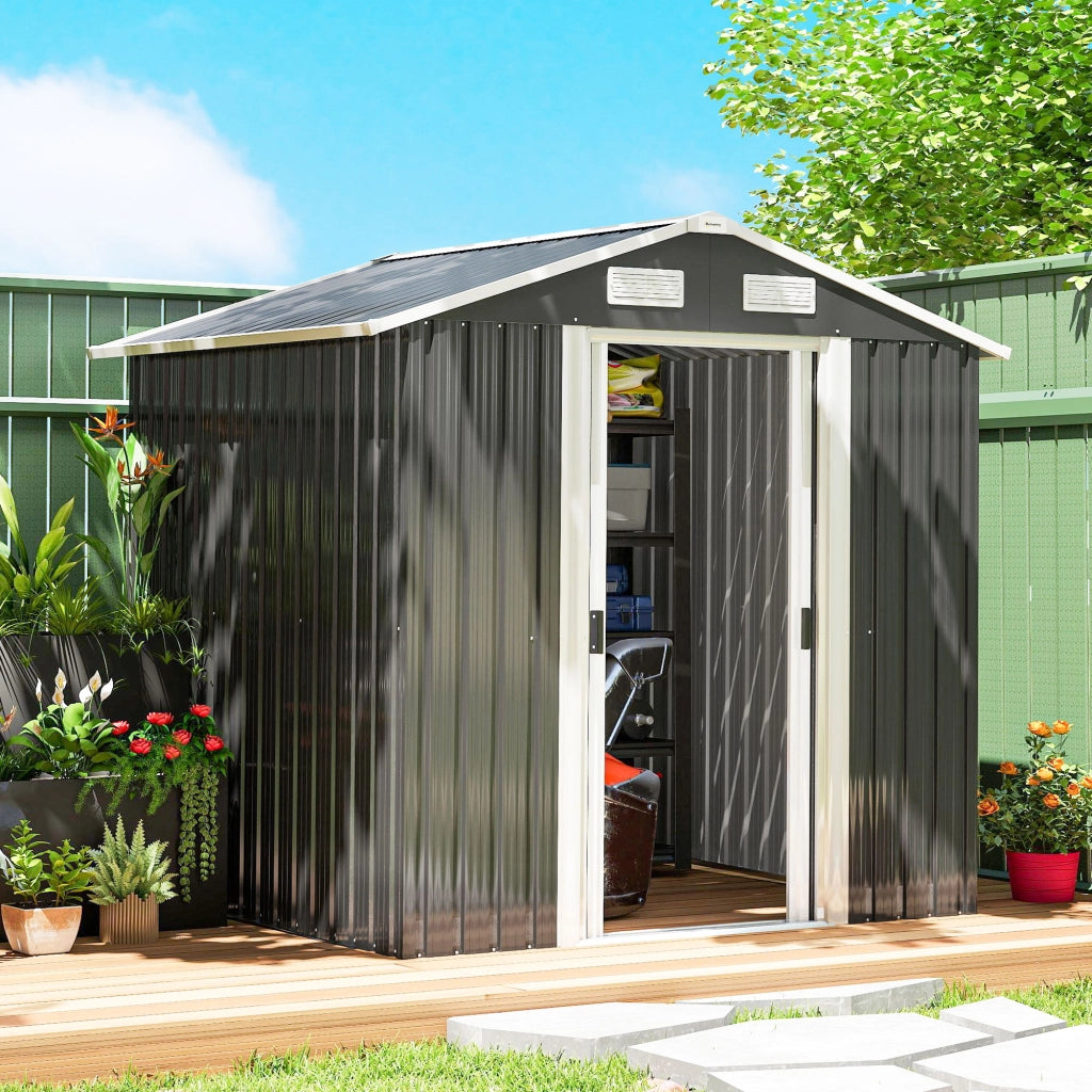 Capanno Box da Giardino 195,5x158,5x188 cm con 2 Porte Scorrevoli in Acciaio Nero
