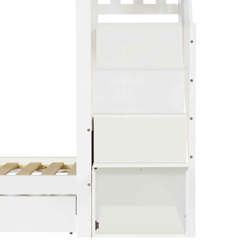 Letto a Castello 90x200 cm; 2 Posti - con Scala Contenitore; 2 Cassetti e Sponda - Bianco